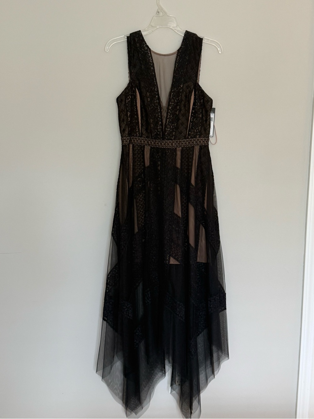 BCBGMaxAzria Black Lace V-Neck Handkerchief-Hem Dress